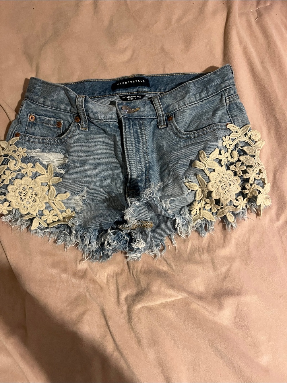 Aeropostale Blue Denim Cutoff Shorts with Cream Lace Appliqués